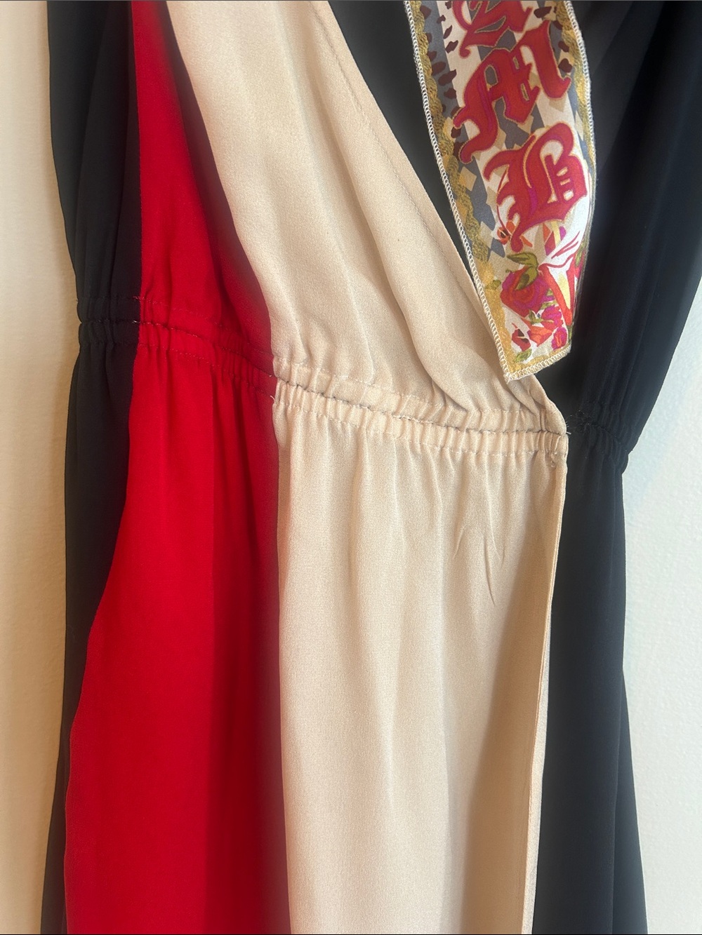 L.A.M.B. Colorblock Tie-Shoulder Midi Dress in Red, Cream & Black - Picture 4 of 7